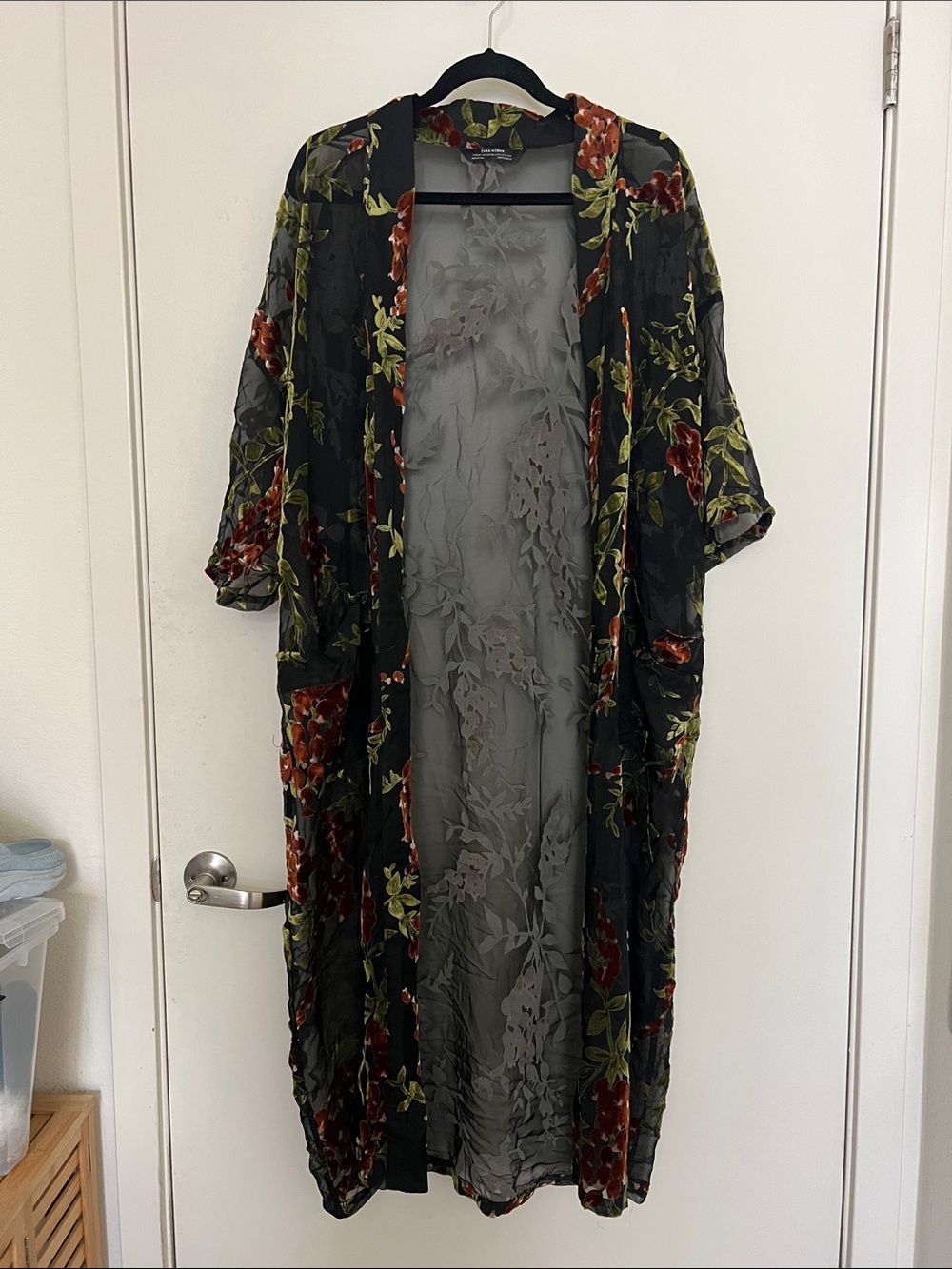 Zara Black Floral Velvet Kimono with Red & Green Accents